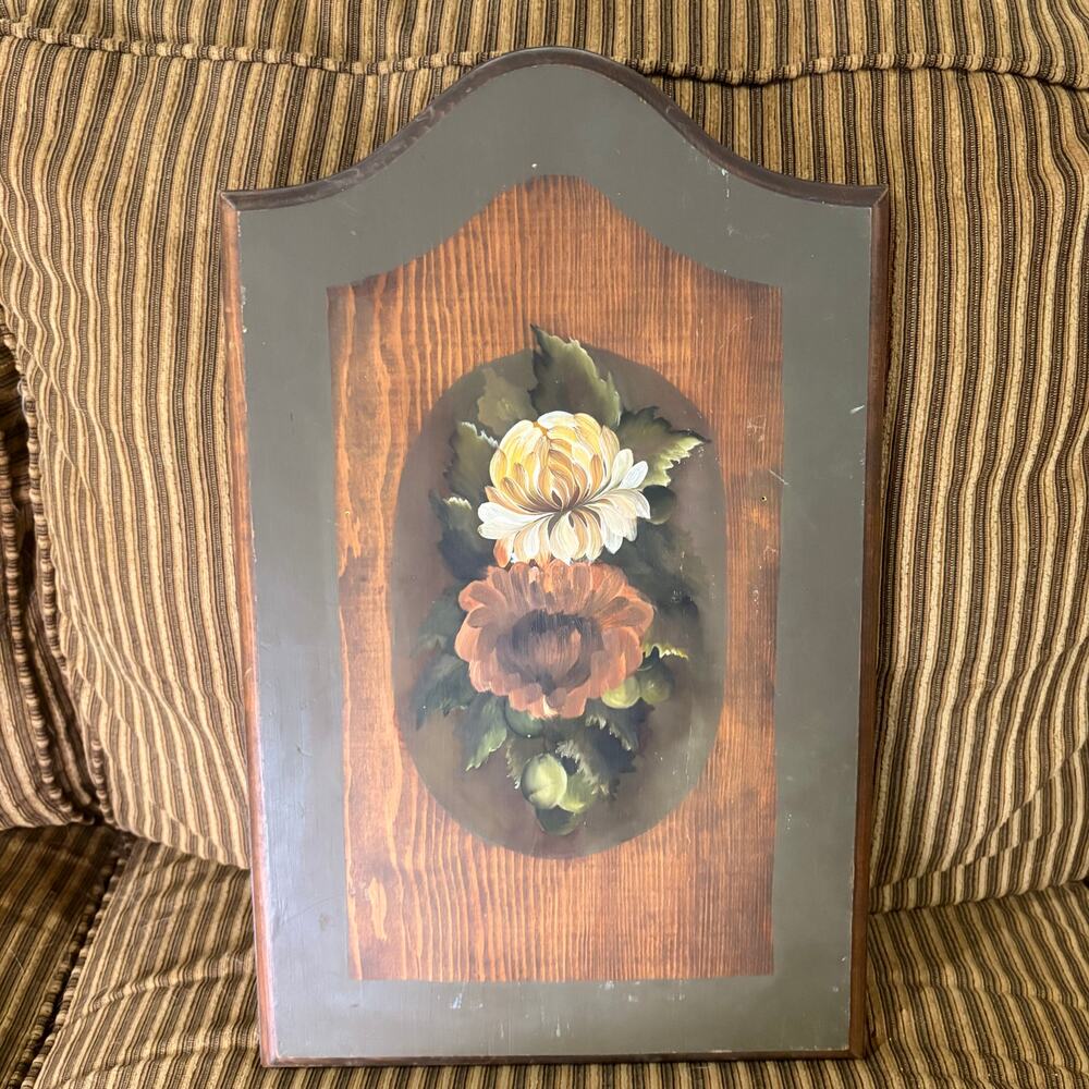 Rustic Wooden Floral Wall Hanging Plaque Handpainted Flower Art Country 1970s